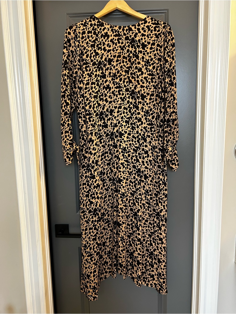 Reformation Long Sleeve Animal Print Midi Dress in Tan and Black